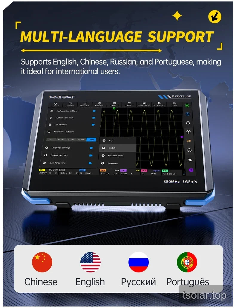 FNIRSI DPOS350P interface language selection for Chinese, English, Russian, and Portuguese