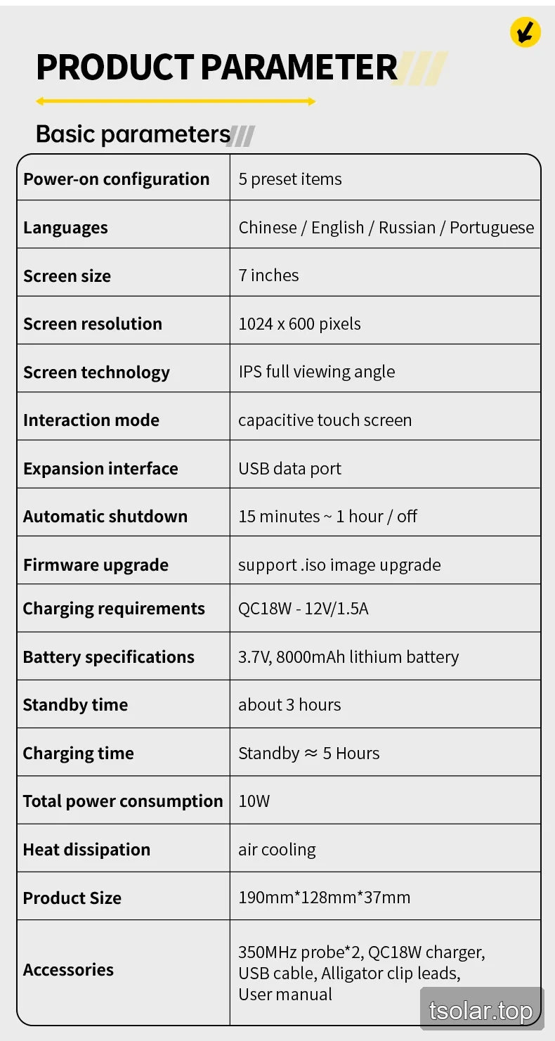 Basic parameters table for the DPOS350P tablet oscilloscope