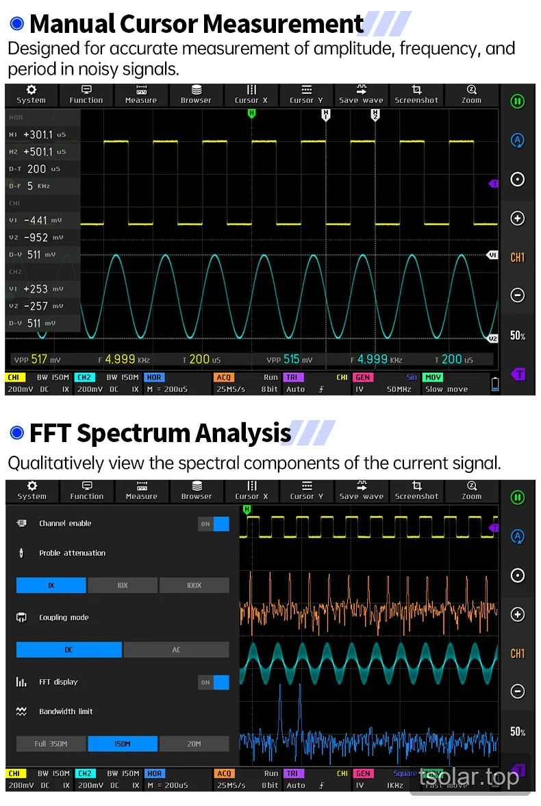 Oscilloscope screens showing manual cursor measurement and FFT spectrum analysis