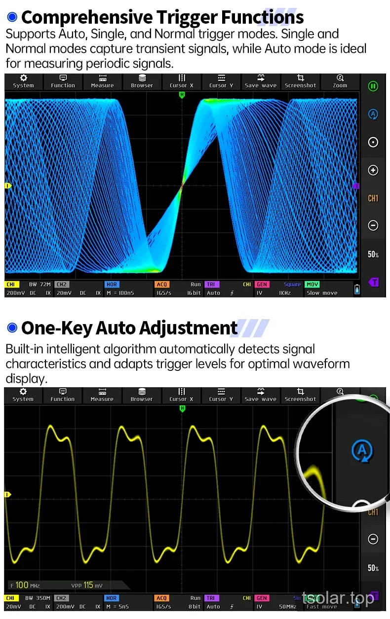Oscilloscope screens demonstrating trigger modes and one-key auto adjustment