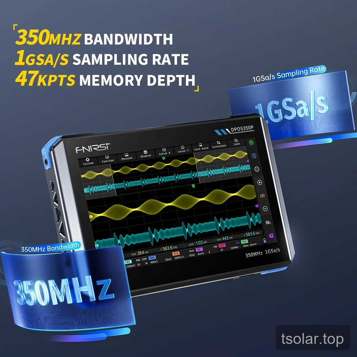 DPOS350P oscilloscope feature panel showing the device with 350MHz bandwidth, 1GSa/s sampling rate, and 47KPTS memory depth.