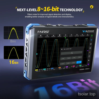DPOS350P display panel showing high-resolution mode controls and a comparison labeled 8Bit and 16Bit.