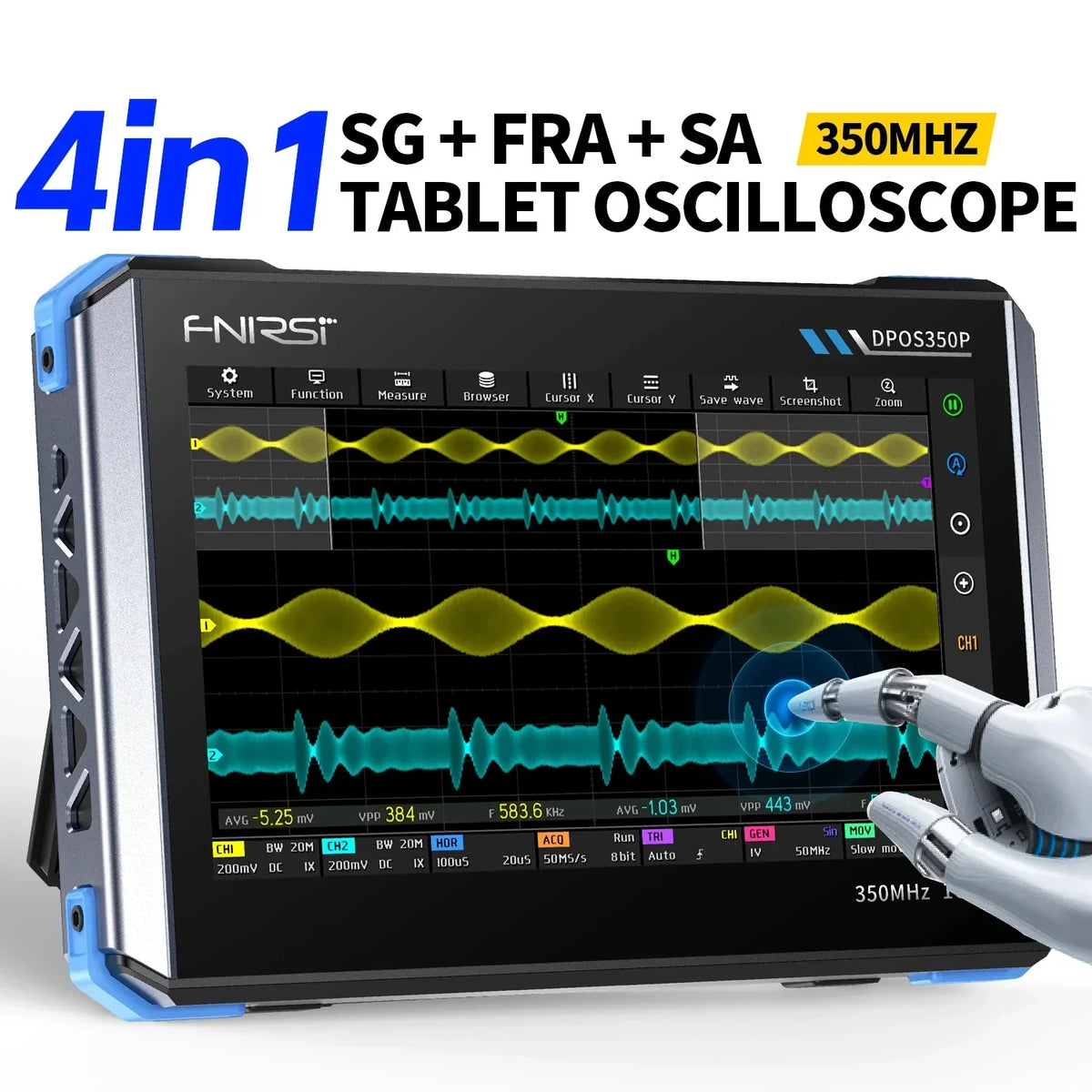 FNIRSI DPOS350P touchscreen oscilloscope with waveform display and overlaid 4-in-1 tablet oscilloscope text.