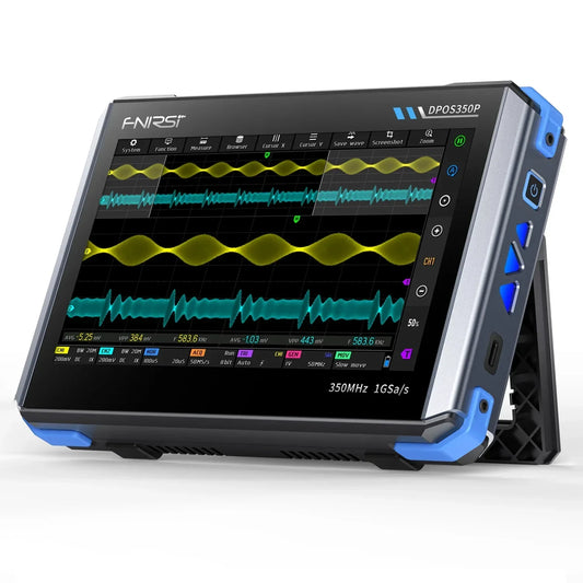 FNIRSI DPOS350P tablet oscilloscope shown at an angle with waveform display, side controls, and rear kickstand.
