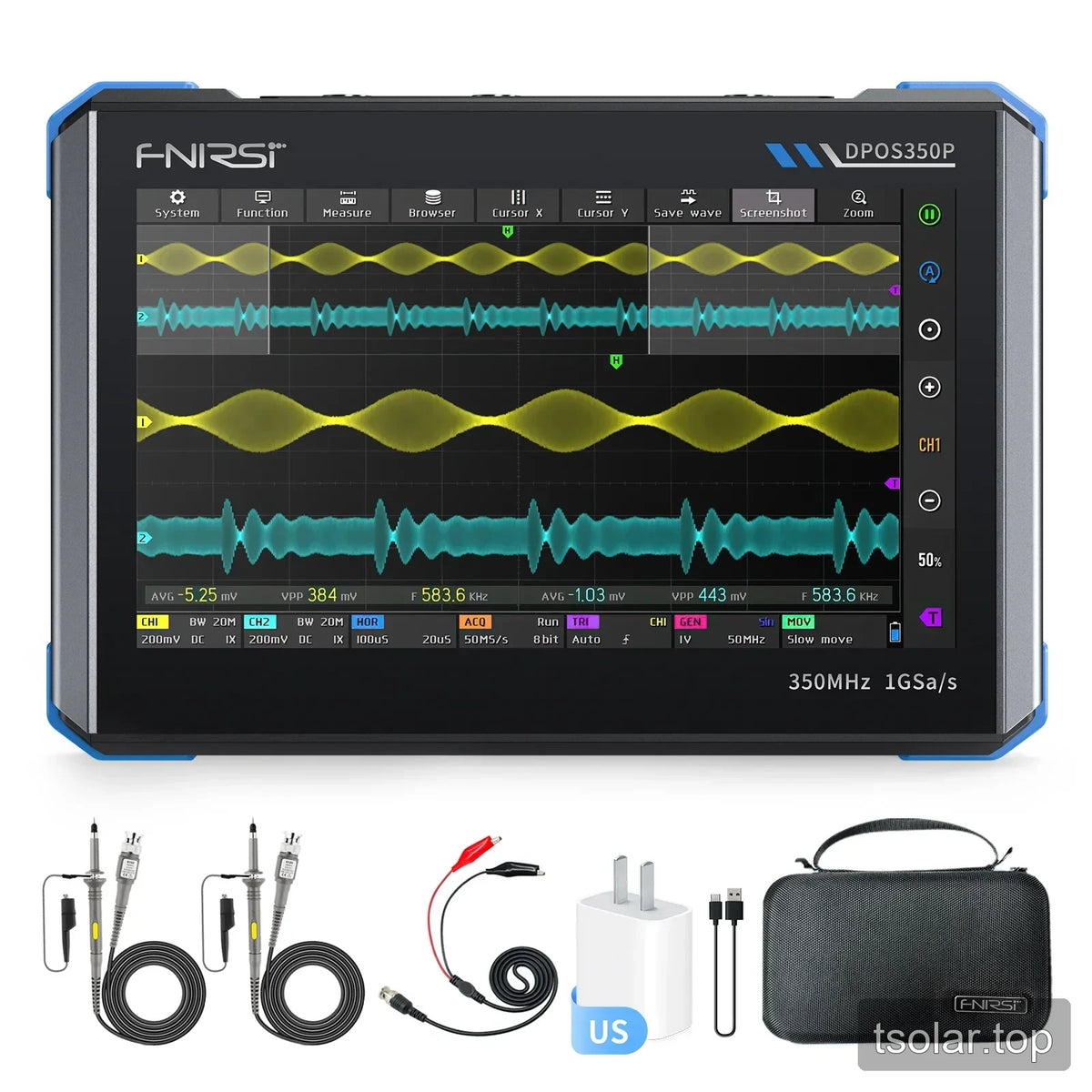 FNIRSI DPOS350P oscilloscope bundle shown with two probes, clip lead, US plug adapter, USB cable, and carrying case.