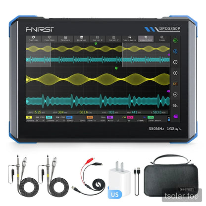 FNIRSI DPOS350P oscilloscope bundle shown with two probes, clip lead, US plug adapter, USB cable, and carrying case.
