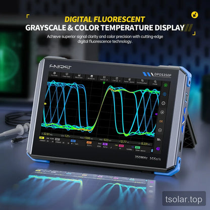 FNIRSI DPOS350P oscilloscope displaying multicolor persistence-style waveforms beside a probe on a dark workbench.