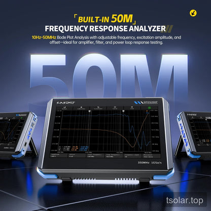 DPOS350P frequency response analyzer panel with a Bode plot display and built-in 50M frequency response text.