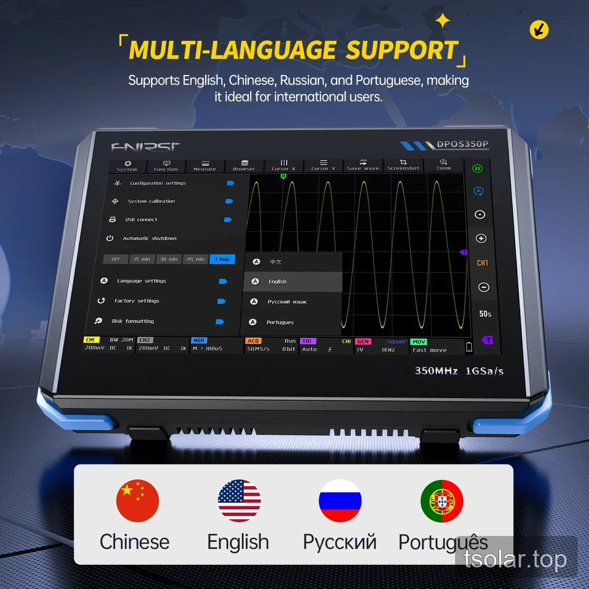 DPOS350P system settings screen showing language options for Chinese, English, Russian, and Portuguese.
