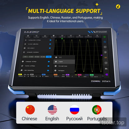 DPOS350P system settings screen showing language options for Chinese, English, Russian, and Portuguese.