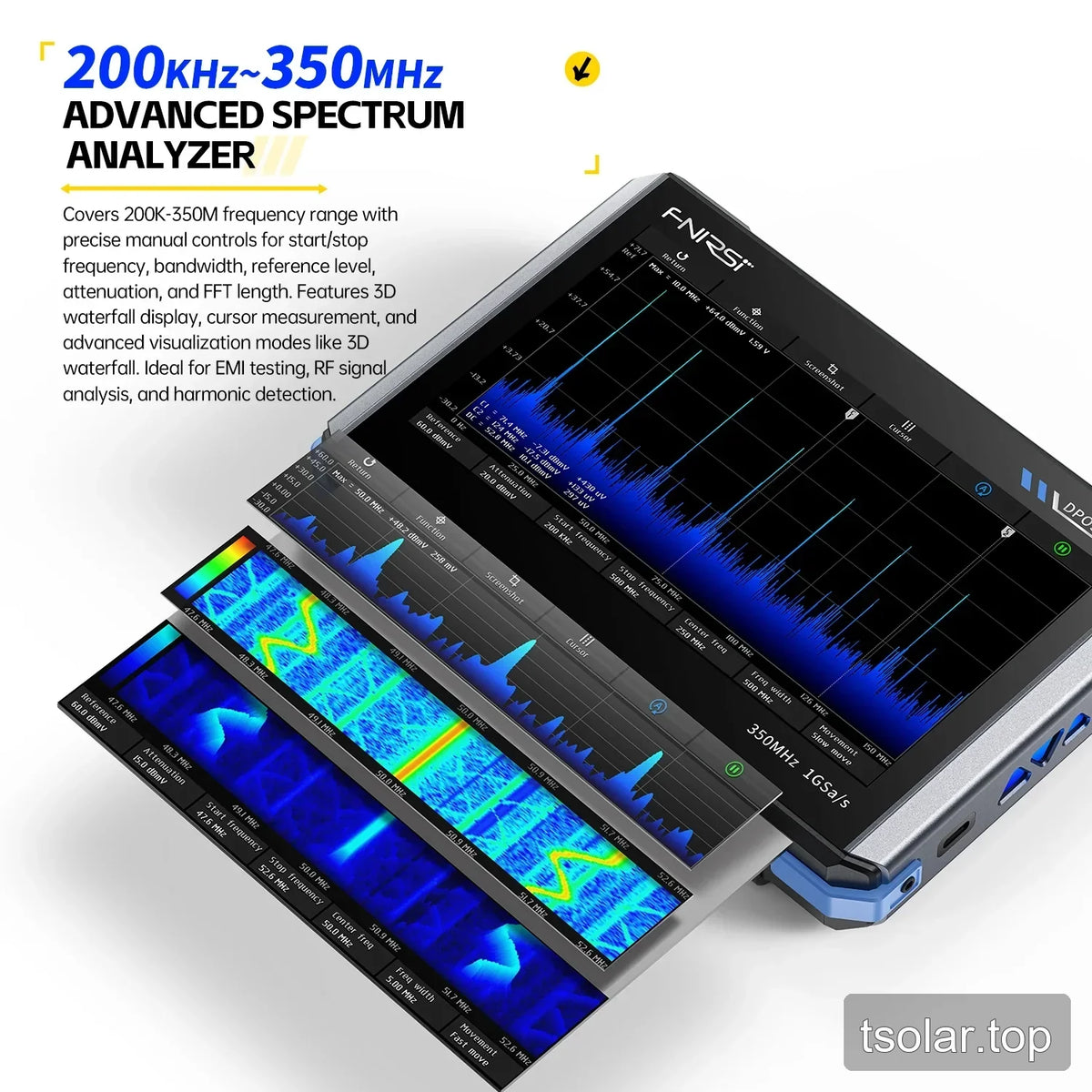 DPOS350P spectrum analyzer panel showing blue spectral traces and waterfall visualizations labeled 200kHz to 350MHz.