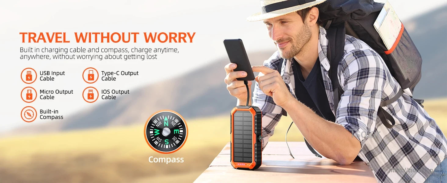 HS-43 40000mAh Solar Power Bank, Travel stress-free with a solar power bank featuring a compass and multiple charging cables.