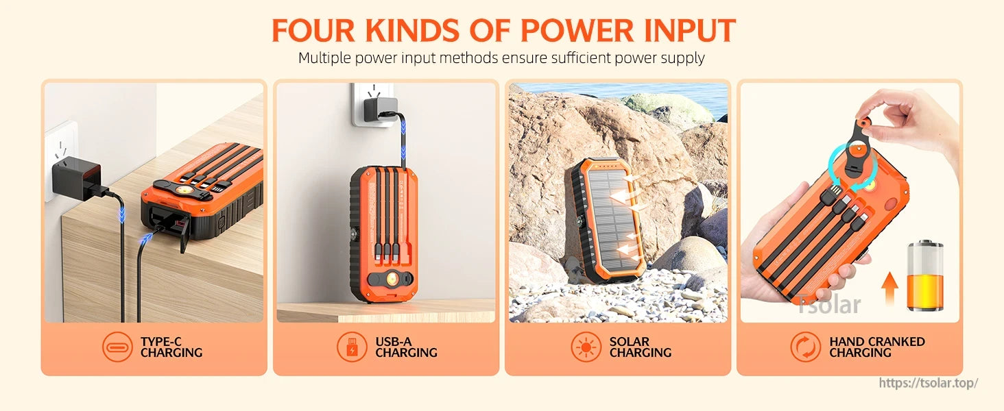 HS-43 40000mAh Solar Power Bank, Four power input methods: Type-C, USB-A, solar, and hand crank for reliable power.