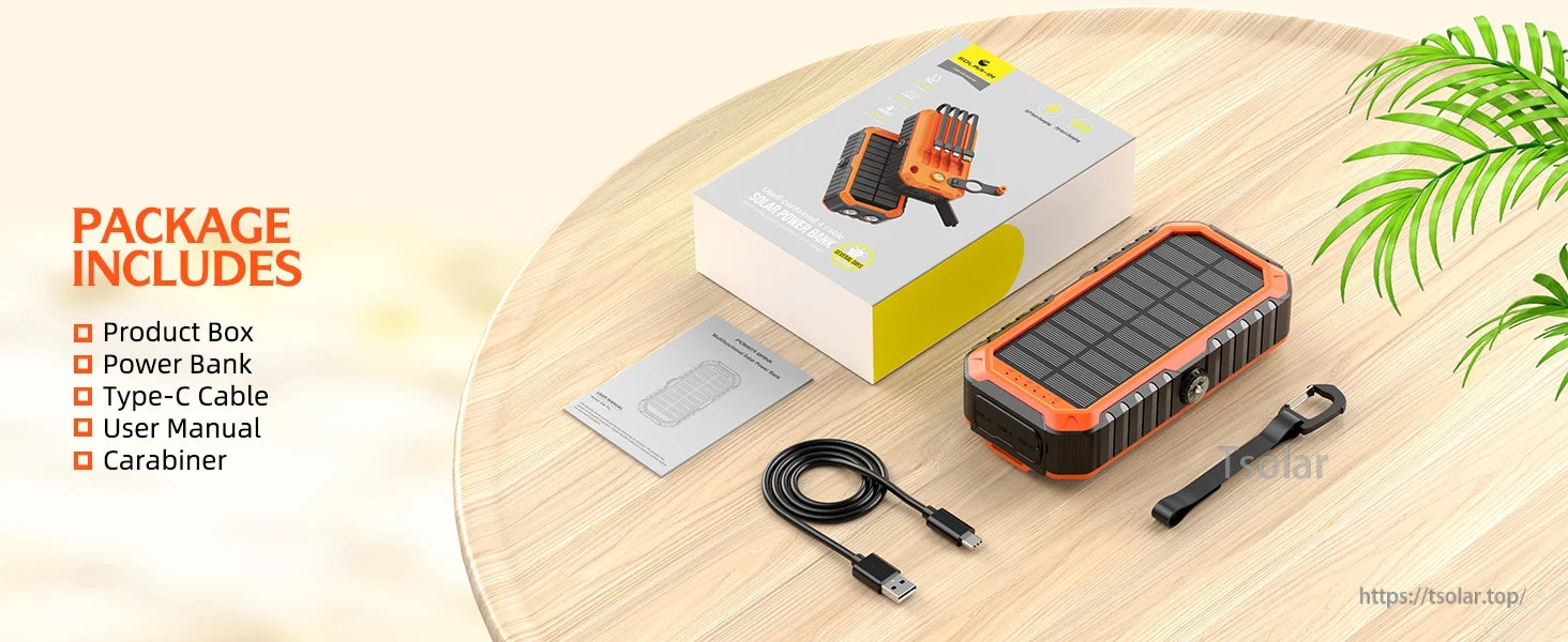 The HS-43 40000mAh solar power bank includes a box, Type-C cable, manual, and carabiner.