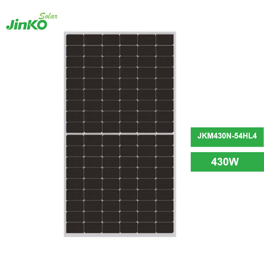 The Jinko 430W Solar Panel is a high-performance panel for residential and commercial use, featuring durability, high efficiency, and good temperature tolerance.