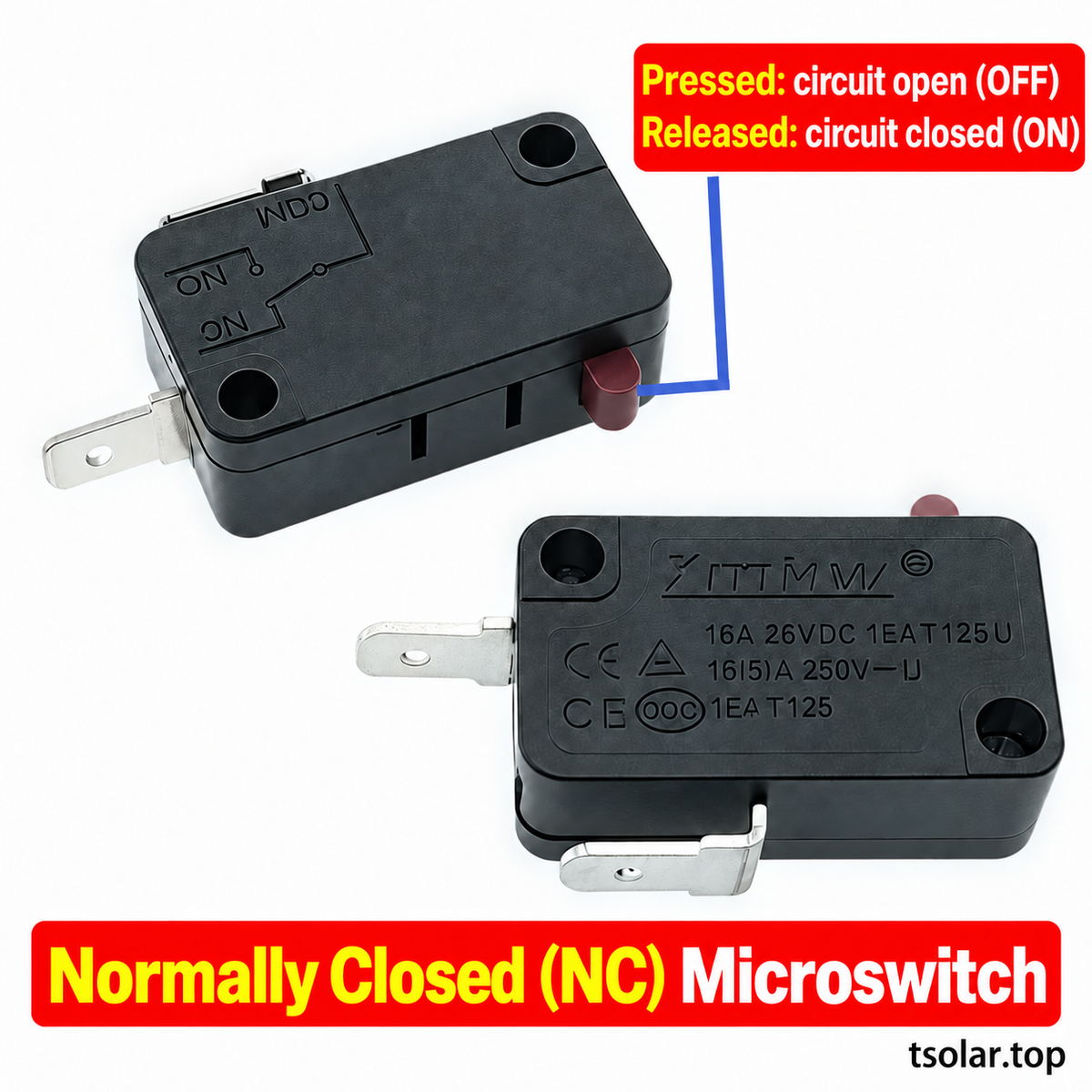 KW7-0 Normally Closed (NC) microswitch: English contact operation diagram; applies to all pack quantities