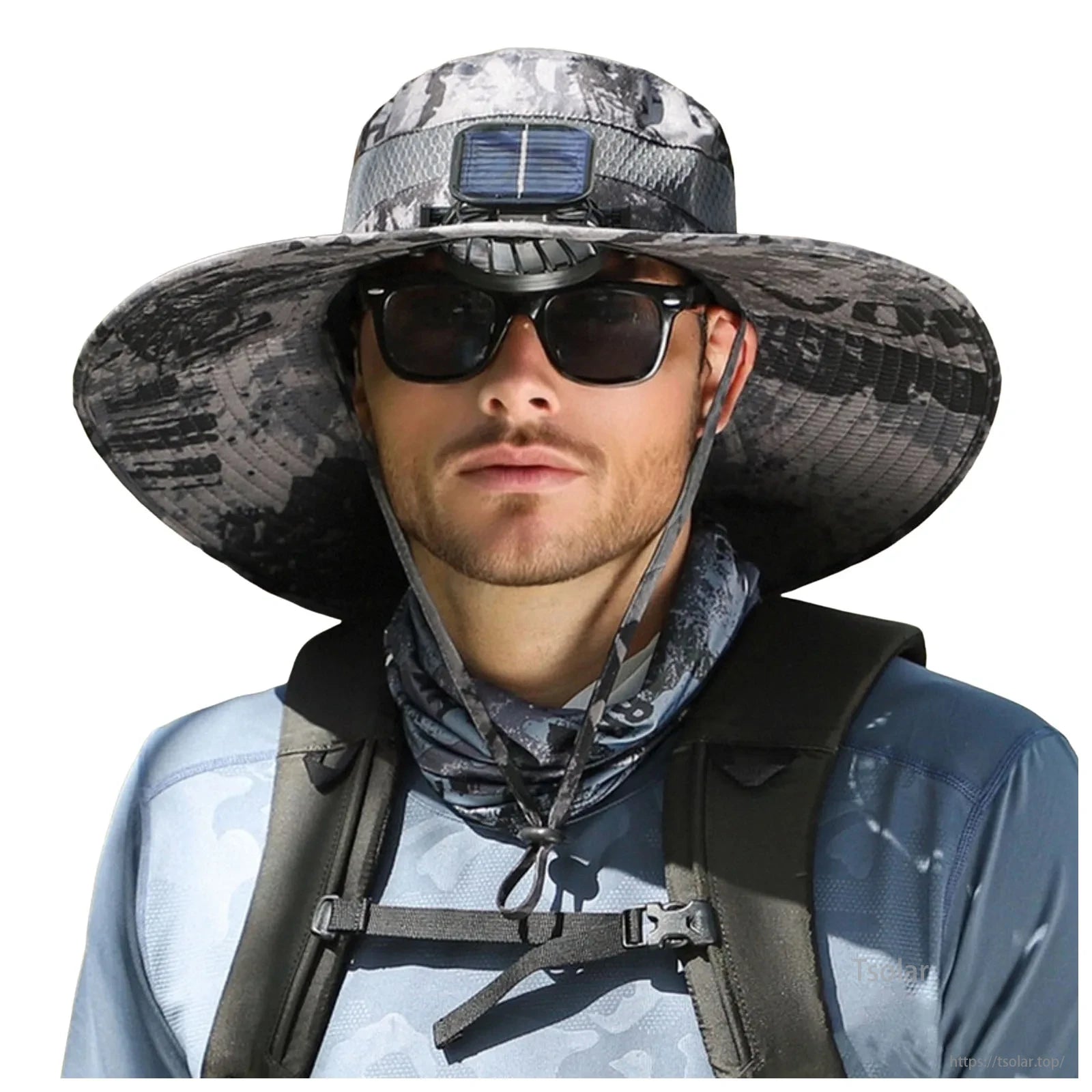 Men’s Solar Powered Wide Brim Sun Hat, This sun hat features a 12cm wide brim, solar-powered fan, and water-resistant materials, perfect for outdoor activities like fishing, hiking, and gardening.