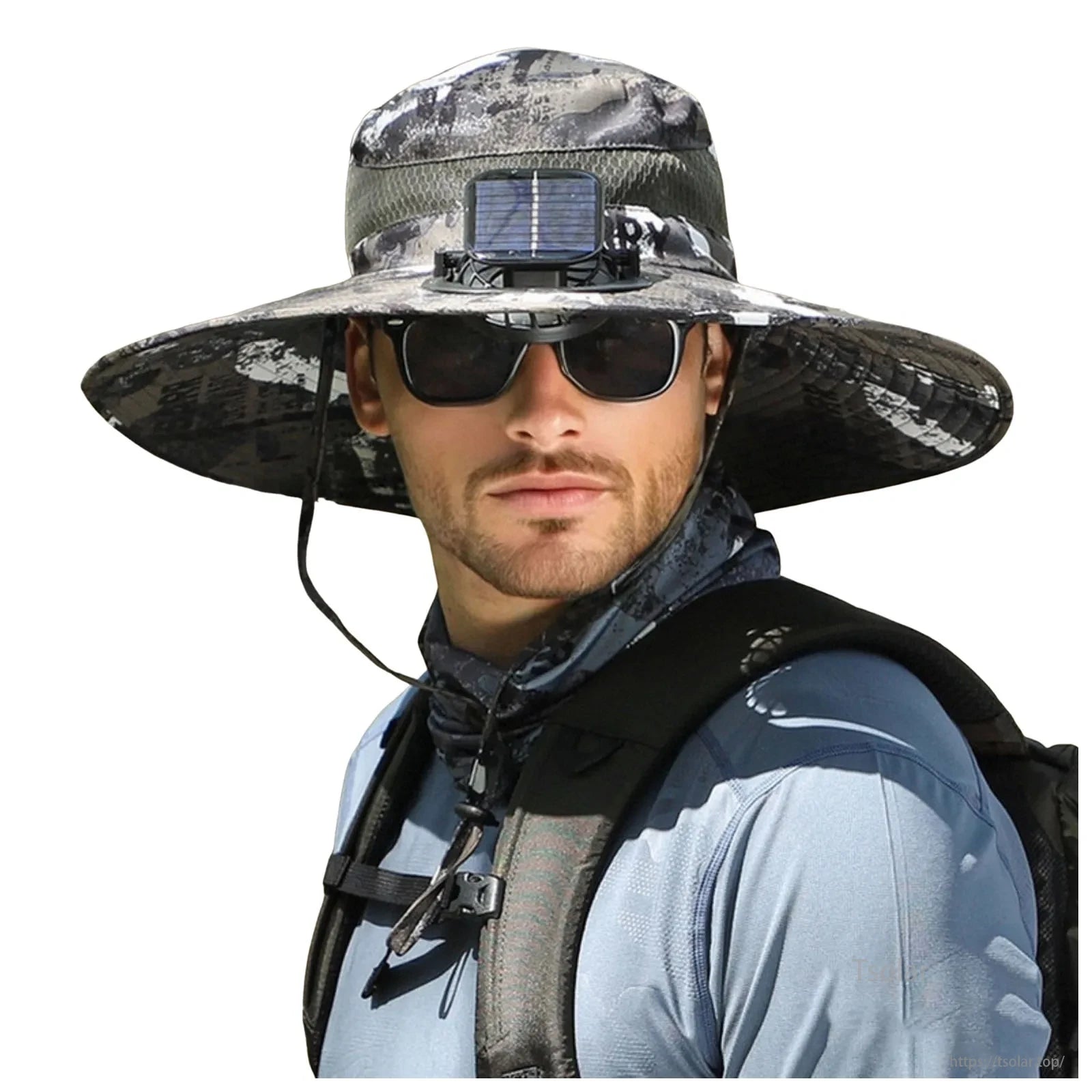 Men’s Solar Powered Wide Brim Sun Hat, Solar-powered sun hat with built-in fan system, adjustable wind speed, and USB charging, suitable for head circumference 56-60cm.