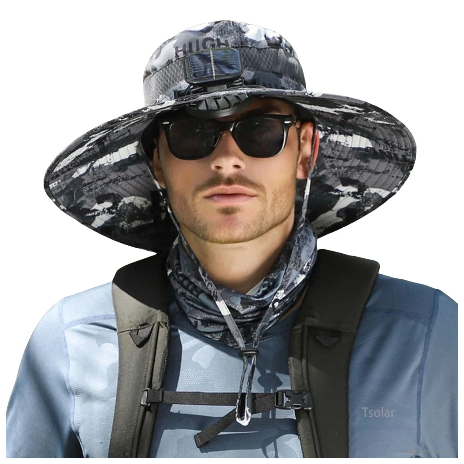 Men’s Solar Powered Wide Brim Sun Hat, Solar powered sun hat for men, featuring USB charging fan, breathable and waterproof fabric, and UV protection.