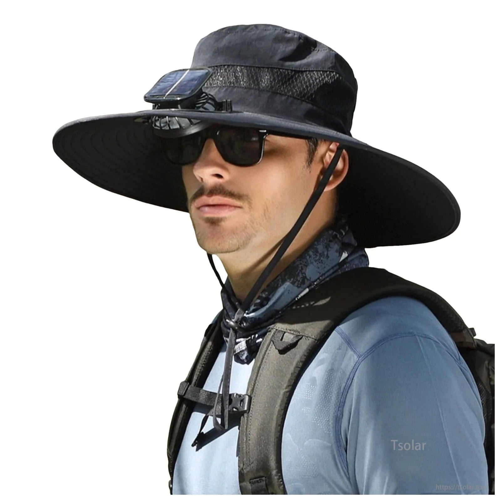 Men’s Solar Powered Wide Brim Sun Hat, Lightweight & Water-Resistant Material made from nylon and spandex blend with waterproof coating for hot and humid conditions.