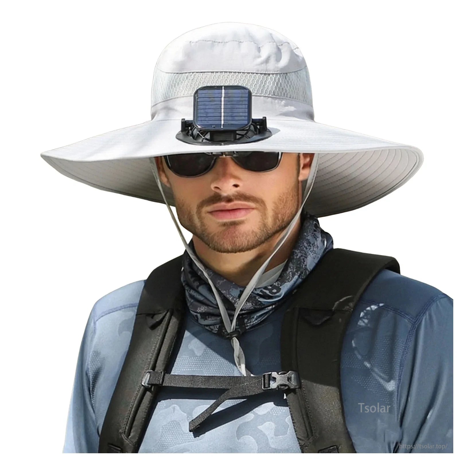 Men’s Solar Powered Wide Brim Sun Hat, This hat is made of a lightweight nylon and spandex blend with a water-resistant coating, ideal for hot and humid conditions.