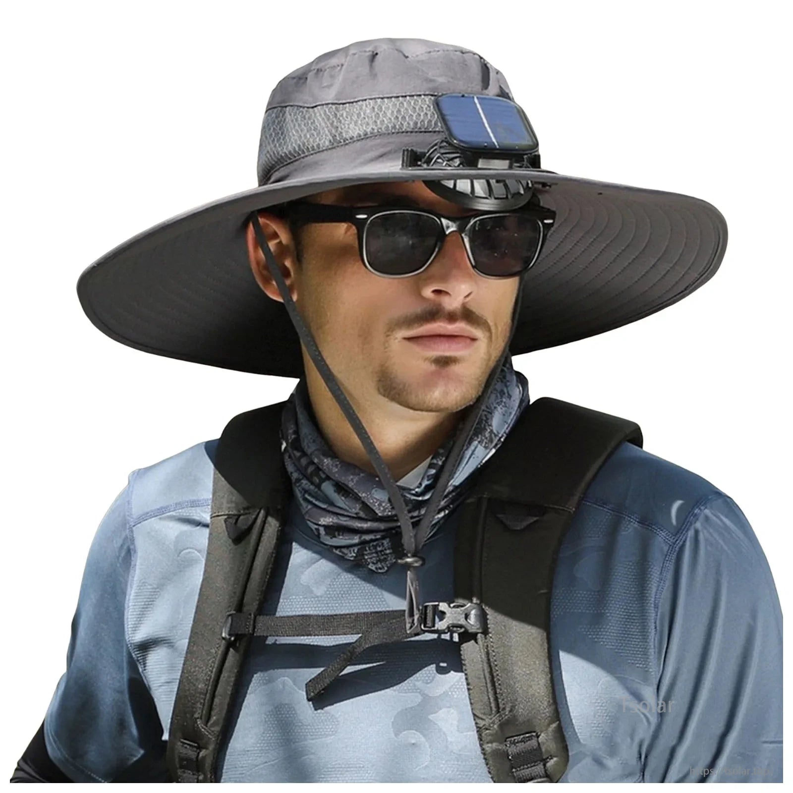 Men’s Solar Powered Wide Brim Sun Hat, Men solar powered sun hat for outdoor activities like fishing, featuring USB charging fan and breathable waterproof fabric.