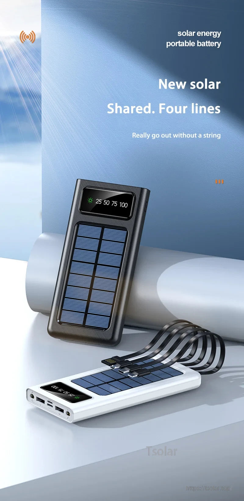 OnePlus 200000mAh Solar Power Bank, Portable solar battery offers 25-100 capacity options, enabling wireless energy sharing anywhere with four lines.