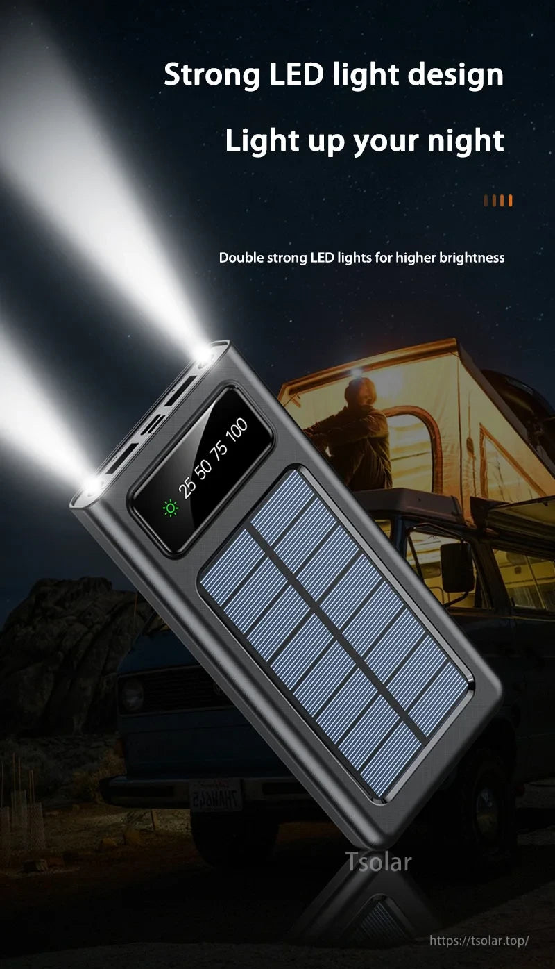 OnePlus 200000mAh Solar Power Bank, Bright LED light, solar-powered with digital display and 25-100% charge indicator.