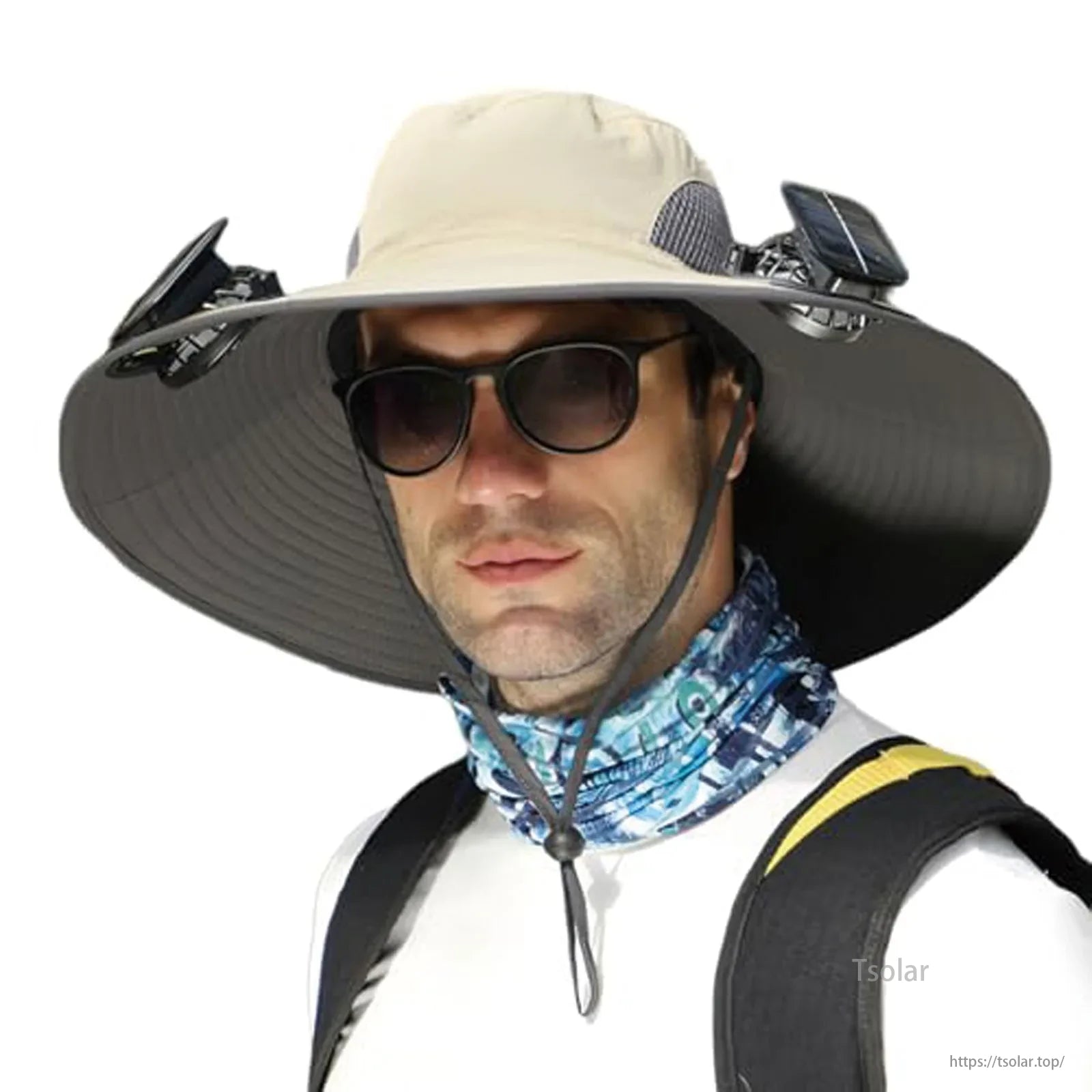 Outdoor Wide Brim Solar Fan Hat, This innovative summer hat features a built-in solar-powered cooling fan for long-lasting airflow.