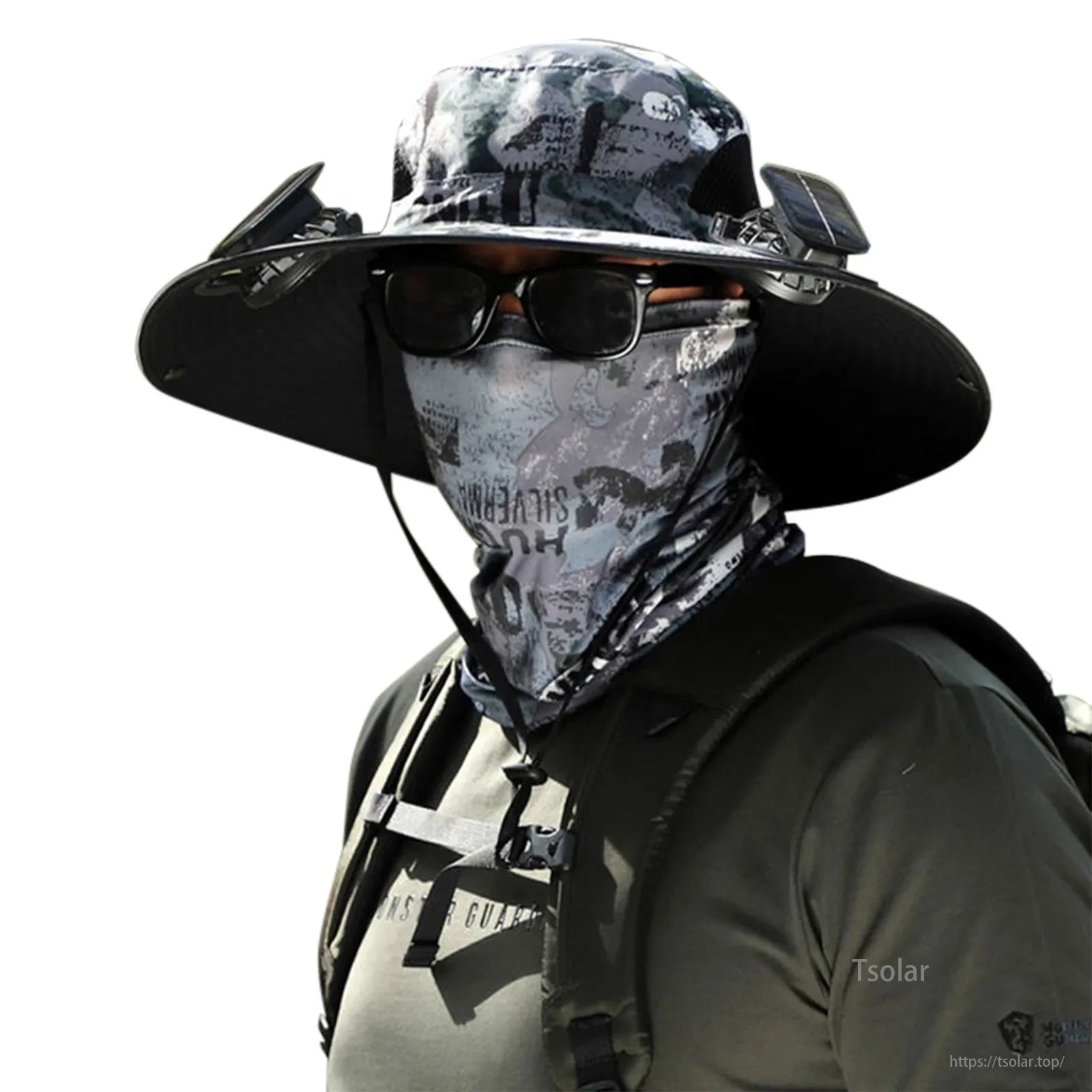 Outdoor Wide Brim Solar Fan Hat, This solar-powered hat keeps you cool, protected, and hands-free for various outdoor activities like fishing, hiking, gardening, or camping.