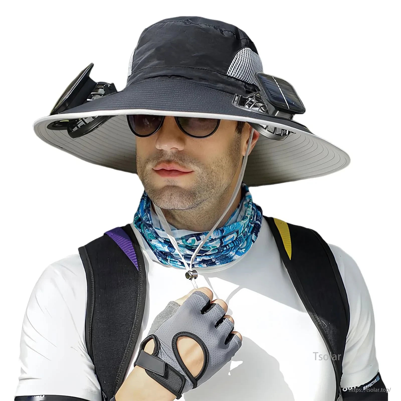 Outdoor Wide Brim Solar Fan Hat, Solar-powered cooling fan stays refreshed with high-efficiency single crystal solar panels ideal for outdoor use.