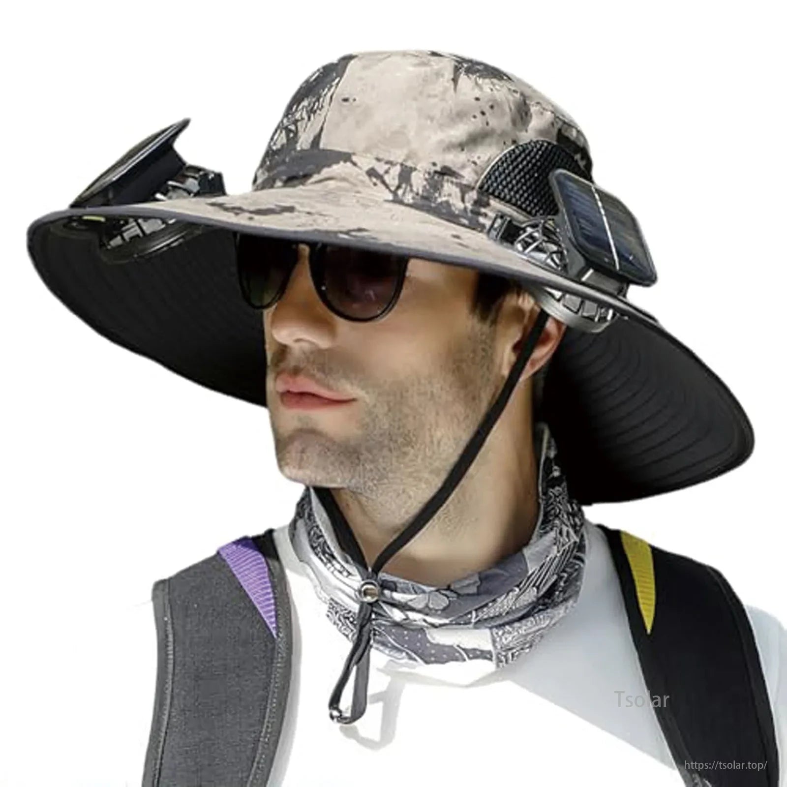 Outdoor Wide Brim Solar Fan Hat, Superior sun protection with 4.72-inch brim for broad UV coverage of face and neck.