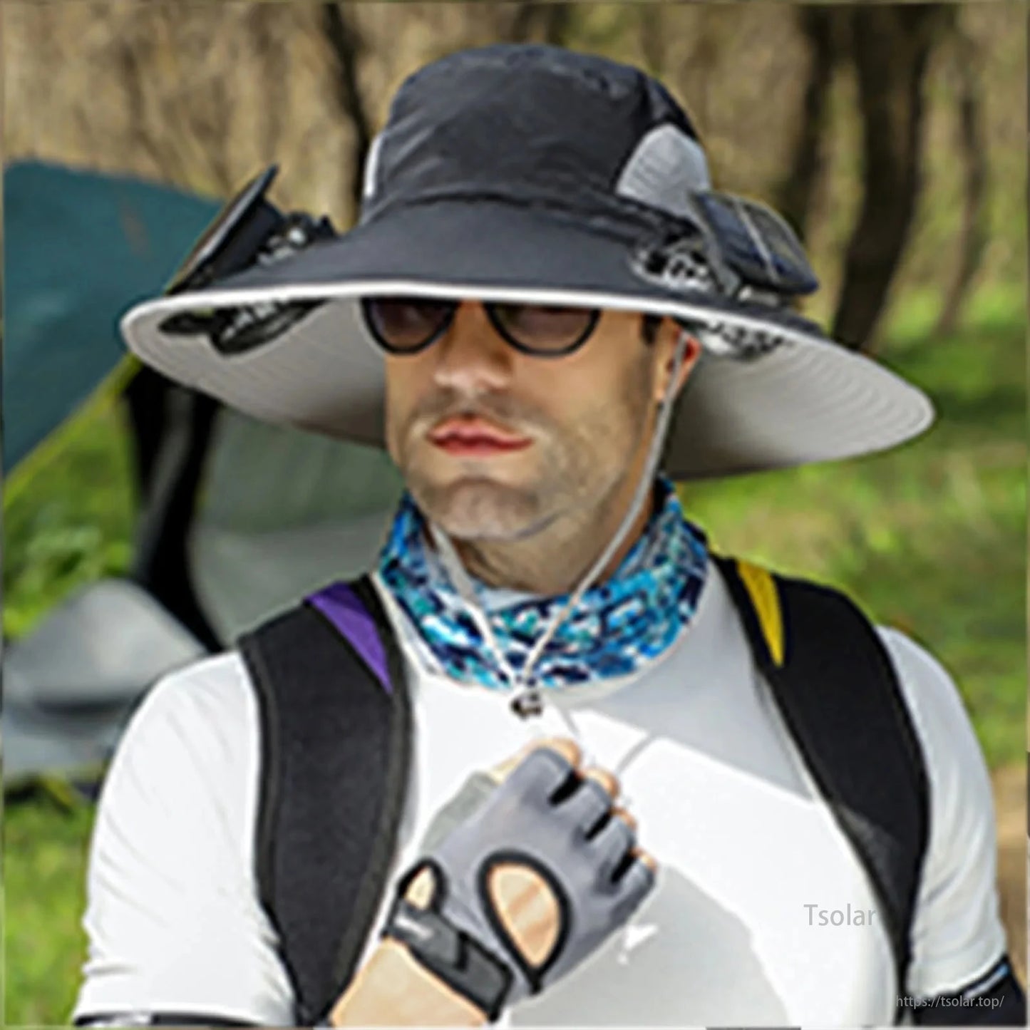 Outdoor Wide Brim Solar Fan Hat, Wide brim solar fan hat with adjustable cooling for outdoor activities.
