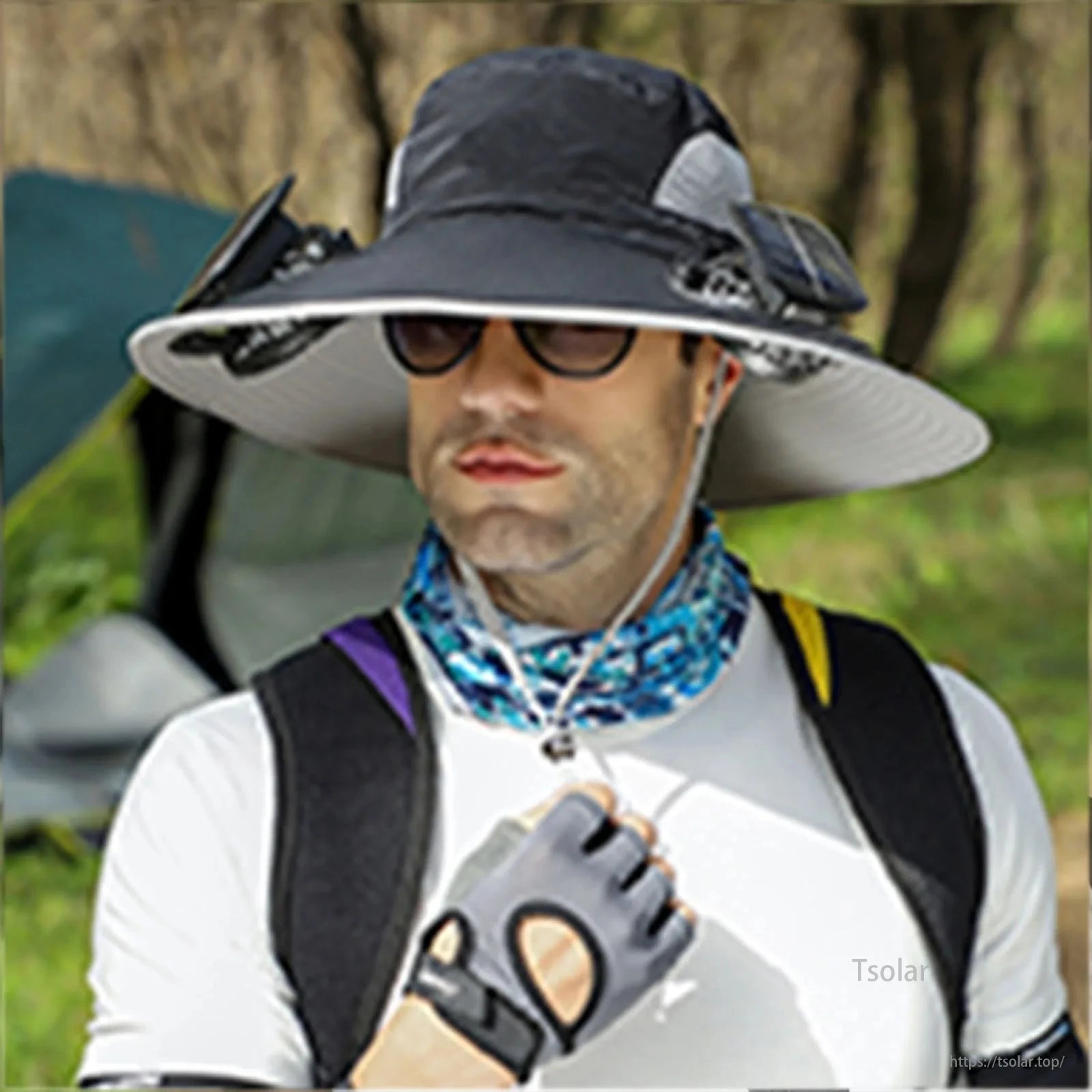 Outdoor Wide Brim Solar Fan Hat, Wide brim solar fan hat with adjustable cooling for outdoor activities.
