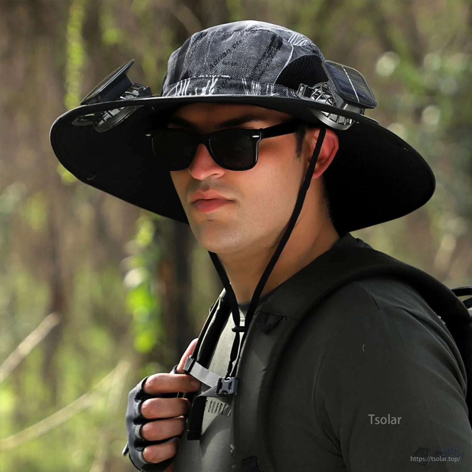 Outdoor Wide Brim Solar Fan Hat, Wide brim solar fan hat with USB, adjustable cooling fan for outdoor activities like fishing, hiking, and camping.