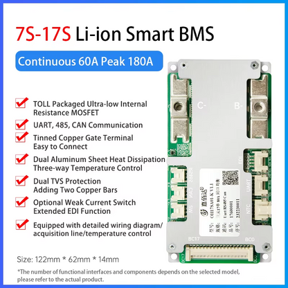 7S-17S Li-ion Smart BMS feature graphic, continuous 60A peak 180A, with size 122×62×14mm
