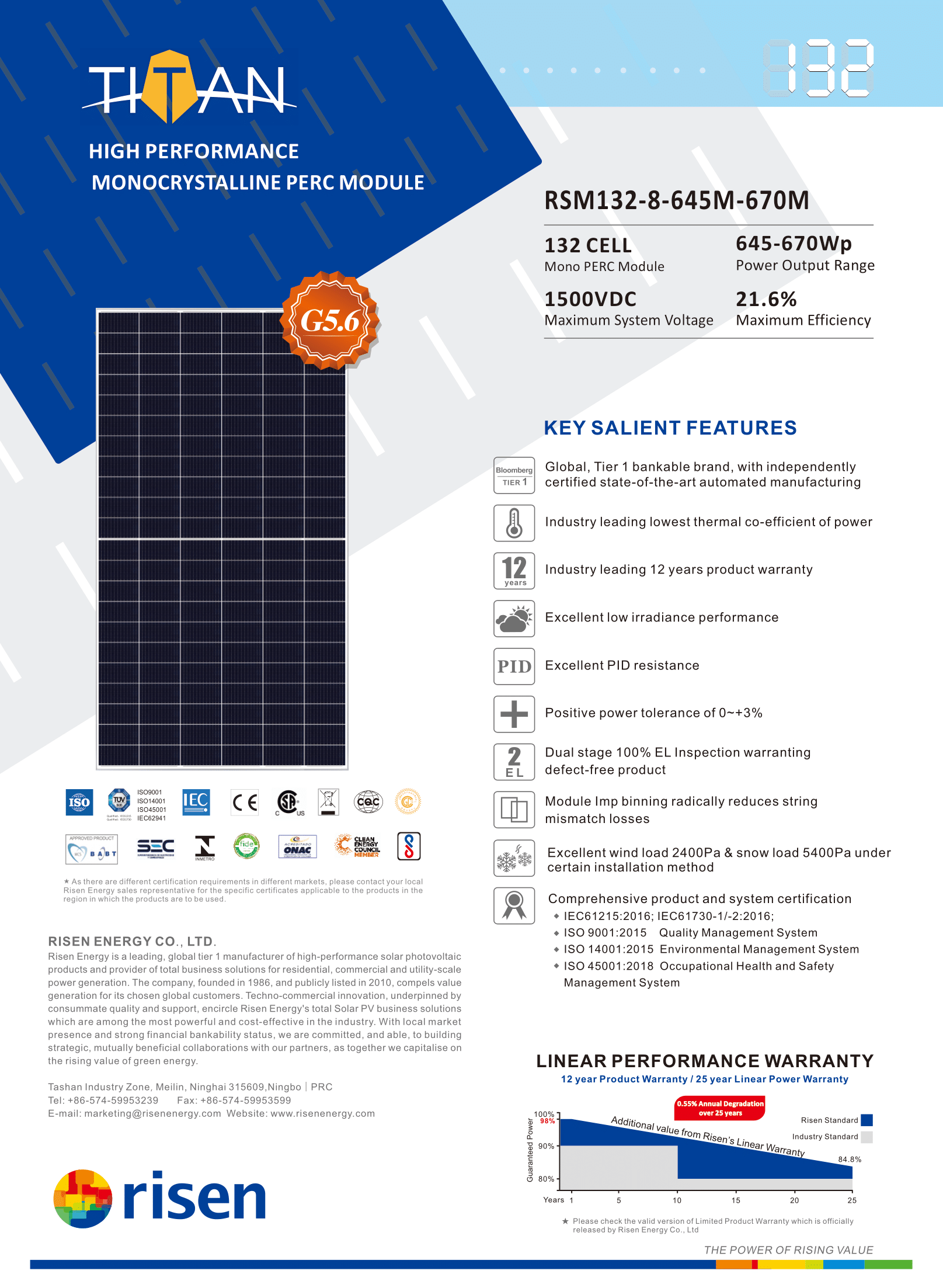 Risen 650 Watt Solar Panel, High-performance solar module with monocrystalline PERC tech and 645-670Wp output.