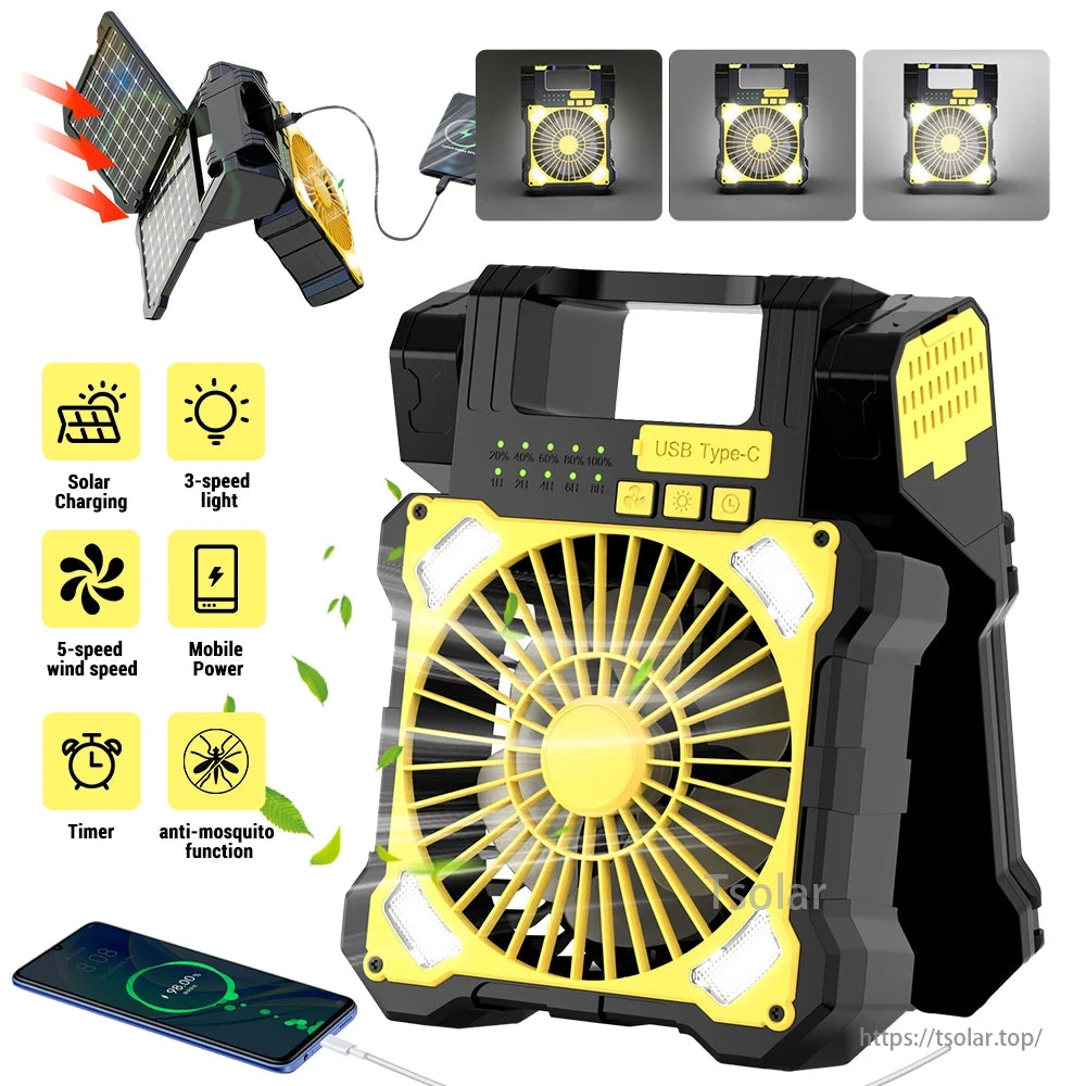 Portable Solar Panel Camping Fan, Solar fan with 3-speed light, 5-speed wind, timer, anti-mosquito.