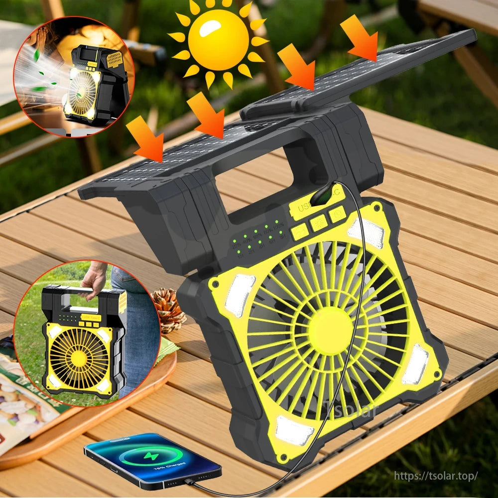 Portable Solar Panel Camping Fan, A portable power bank with solar charging, quiet operation, and multiple functions for camping, outdoor use, and emergency situations.