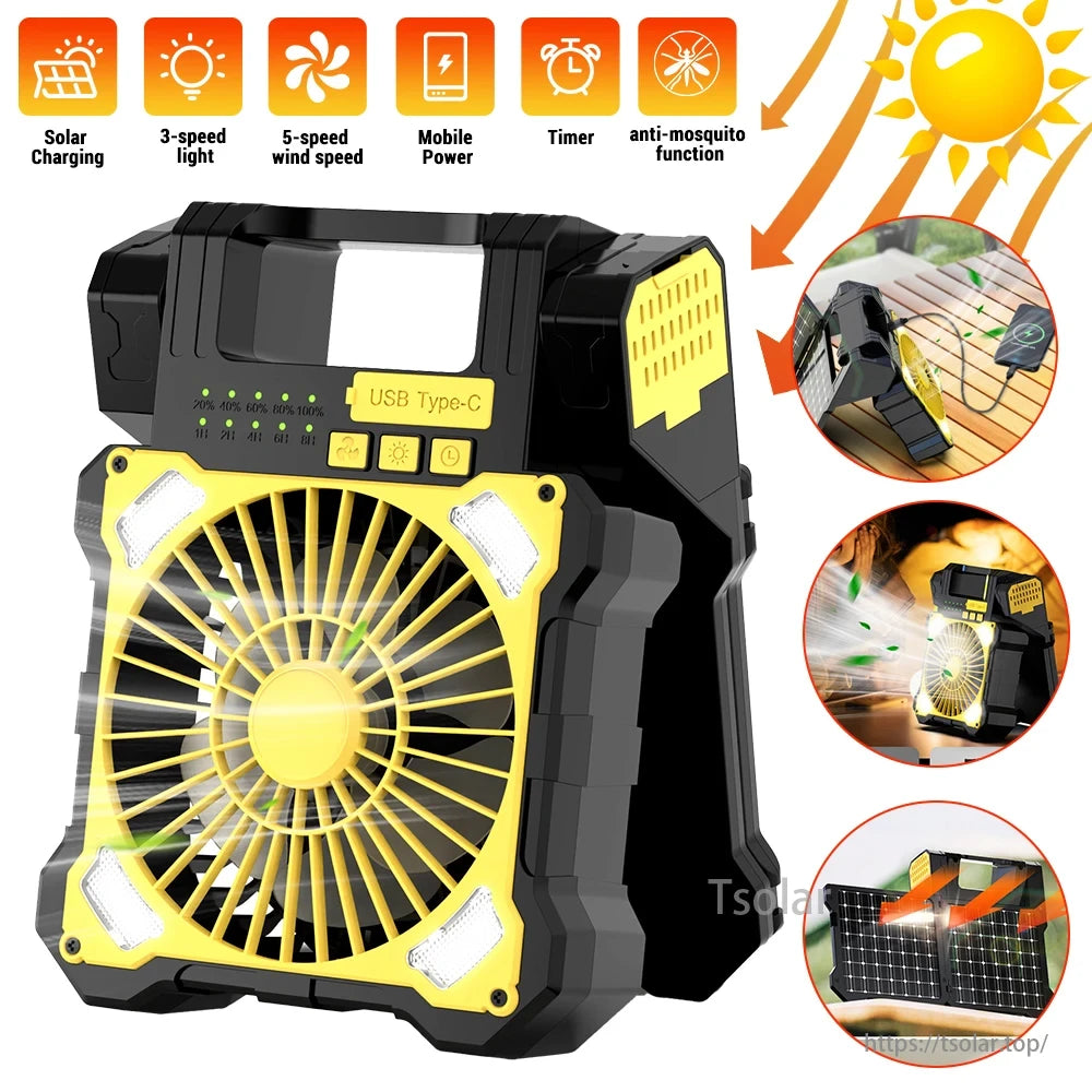 Portable Solar Panel Camping Fan, Solar fan with 3-speed light, 5-speed wind, timer, and anti-mosquito功能.