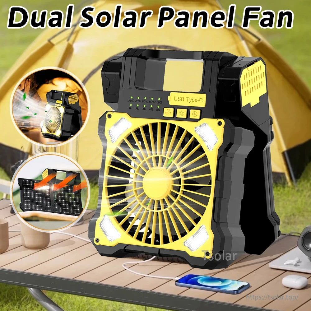 Portable Solar Panel Camping Fan, This portable device charges fast with dual solar panels, has a power bank function, and is quiet, durable, and suitable for various outdoor activities.