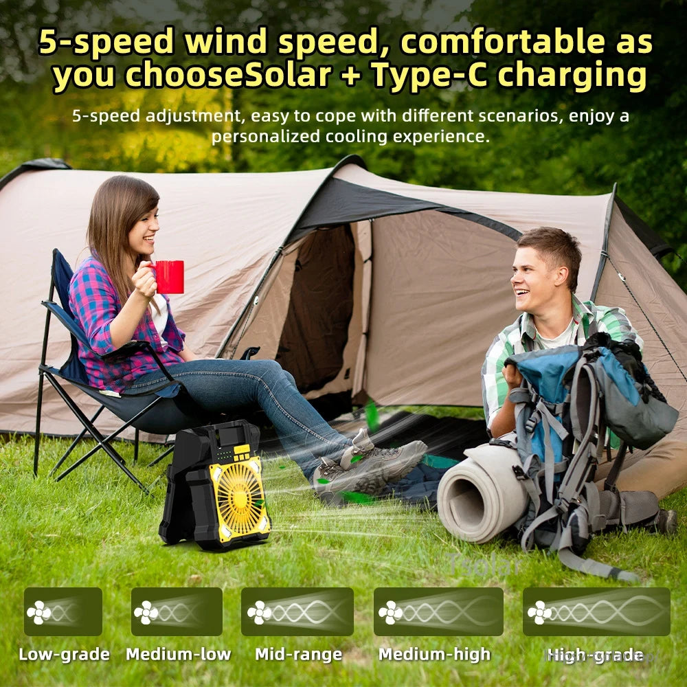 Portable Solar Panel Camping Fan, A portable solar camping fan with 5-speed wind control, offering solar and Type-C charging for customized cooling.