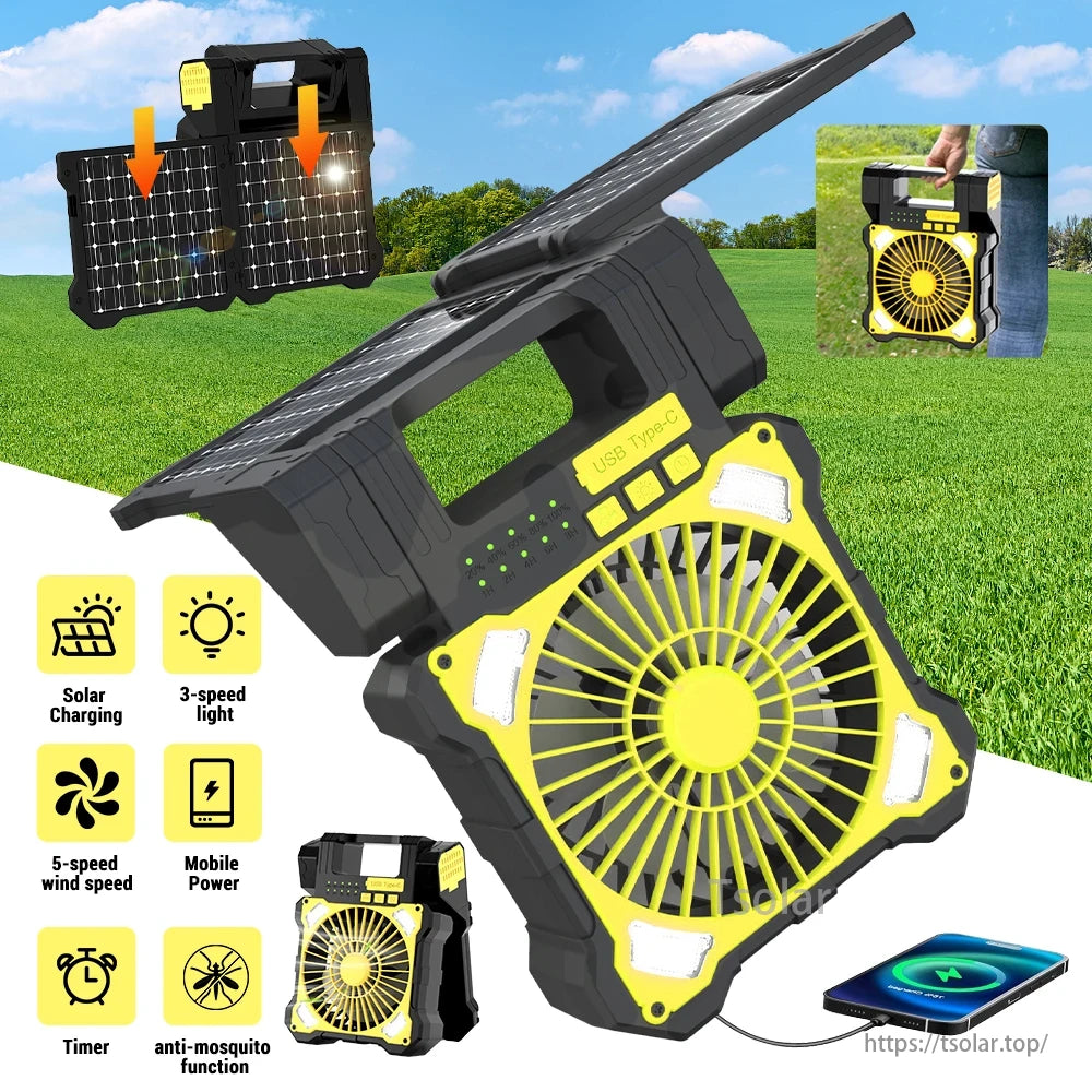 Portable Solar Panel Camping Fan, Solar camping fan with USB-C, solar charging, 3-speed light, 5-speed wind, power bank, timer, and anti-mosquito features.