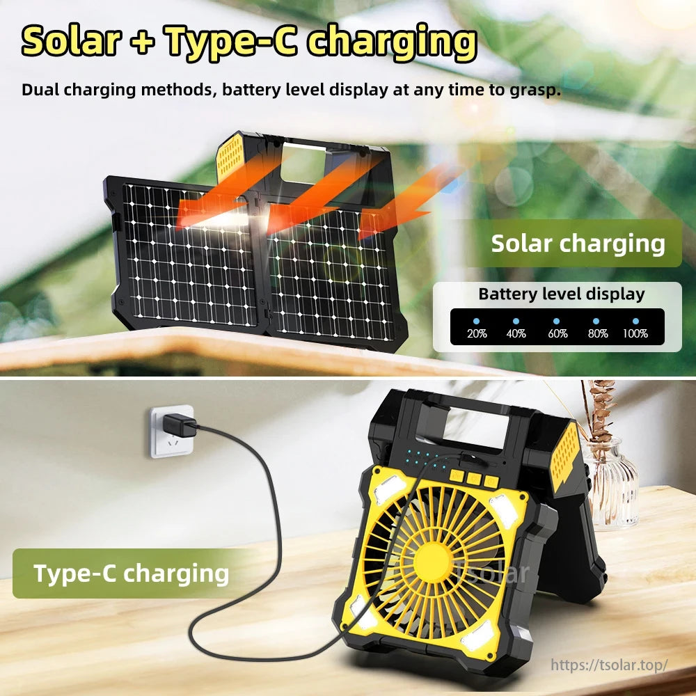 Portable Solar Panel Camping Fan, Solar camping fan with Type-C charging and battery display.