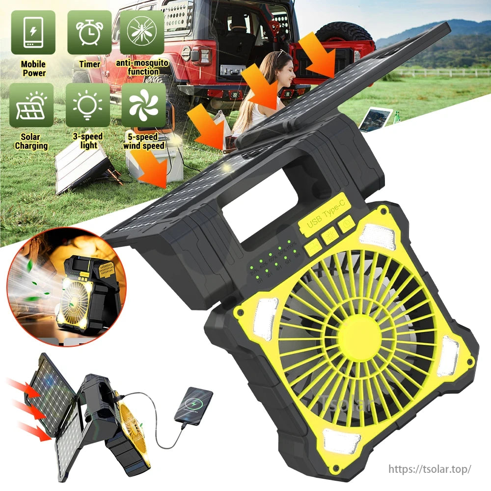Portable Solar Panel Camping Fan, Solar camping fan with mobile power, timer, anti-mosquito function, solar charging, 3 light speeds, and 5 wind speeds.