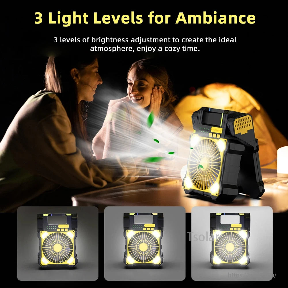 Portable Solar Panel Camping Fan, A portable solar camping fan with 3 adjustable lights creates a cozy outdoor ambiance.
