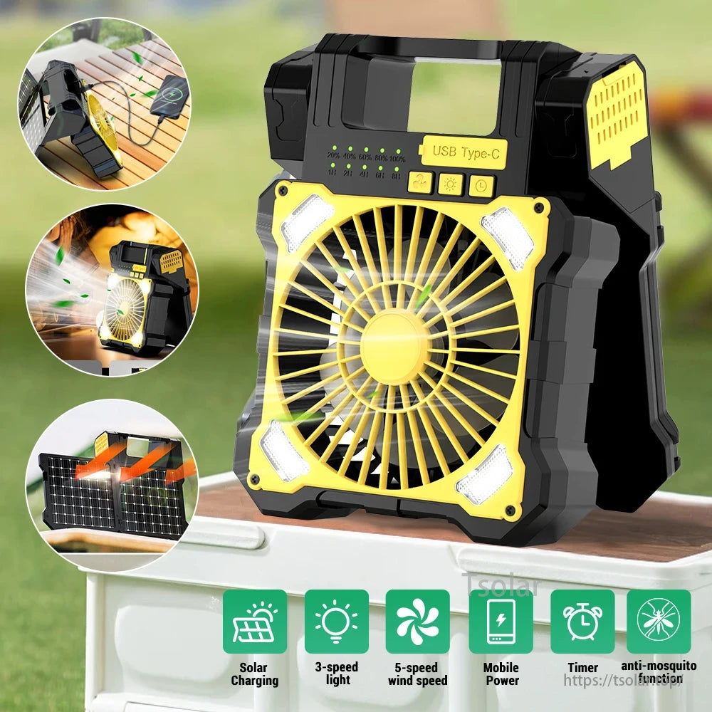 Portable Solar Panel Camping Fan, A solar camping fan with USB Type-C, 3-speed light, 5-speed wind, power bank, timer, and mosquito repellent.