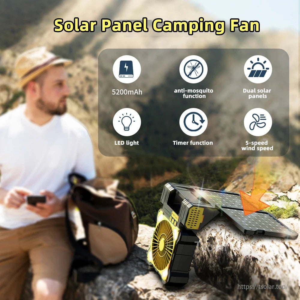 Portable Solar Panel Camping Fan, Camping fan with 5200mAh battery, solar panels, LED light, anti-mosquito feature, timer, and 5 wind speeds.