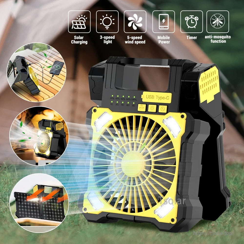 Portable Solar Panel Camping Fan, Solar camping fan with solar charging, 3-speed light, 5-speed wind, mobile power, timer, and anti-mosquito features.