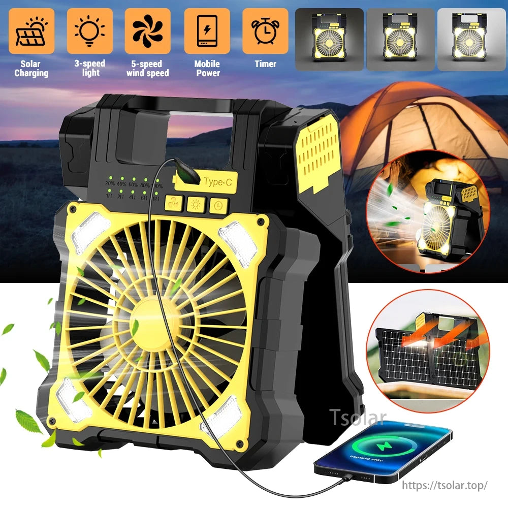 Portable Solar Panel Camping Fan, A solar camping fan with 3-speed light, 5-speed wind, solar charging, mobile power, and timer functions.